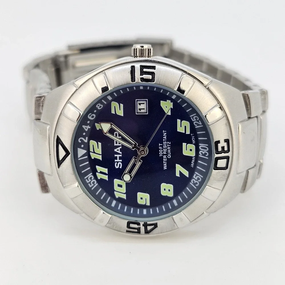 Sharp Analog Men's Watch 40MM Blue Dial Date Gray Bracelet Band 7.5